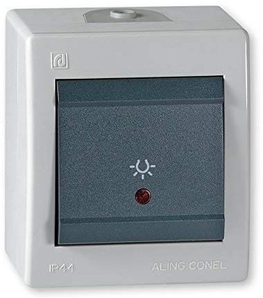 ALING-CONEL Aufputz Taster mit Lichtsymbol und Glimmlampe 10AX/250V~ / IP 44 - Grau