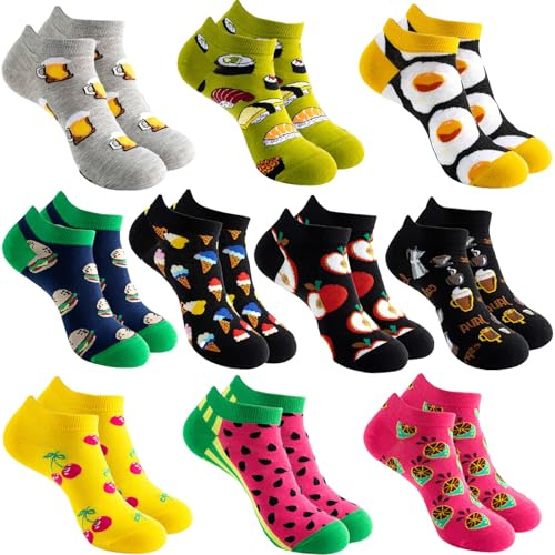 Femmes Chaussettes Basses Hommes Fantaisie Chaussette en Coton Motif à Animaux Chat Chien Aliments Peinture Chaussettes, Taille 35-42, 10 Paires
