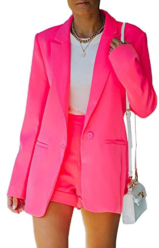 Tidecc Blazer court à manches longues avec poches de couleur bonbon pour femme, rose vif, 42