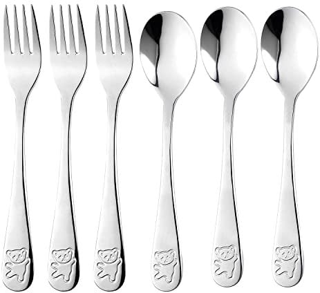 Lanjue 6 Pièces Set de Couverts en INOX Enfant, 3 x Fourchette et 3 x Cuillère pour Enfant Bébé Maison l'école Utilisation (Ours, Argent)