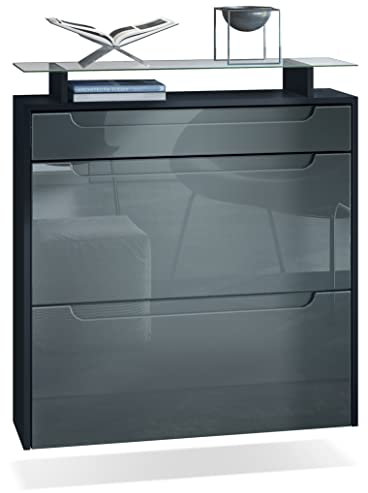 Vladon Schuhschrank Annie, Schuhkipper für 16 Paar Schuhe mit 2 Klappen, 1 Schublade und Glasablage, Schwarz matt/Grau Hochglanz, Griffmulden in Grau Hochglanz (89 x 95,5 x 23 cm)