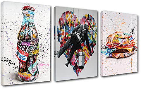 Klassische Graffiti-Wandkunst, Banksy-Kunst, Gemälde, Essen Hamburger, Getränke, Cola-Kunstwerk für Wohnzimmer, 3 Paneele, Druck auf Leinwand, Hausdekoration, Holzrahmen, fertig zum Aufhängen