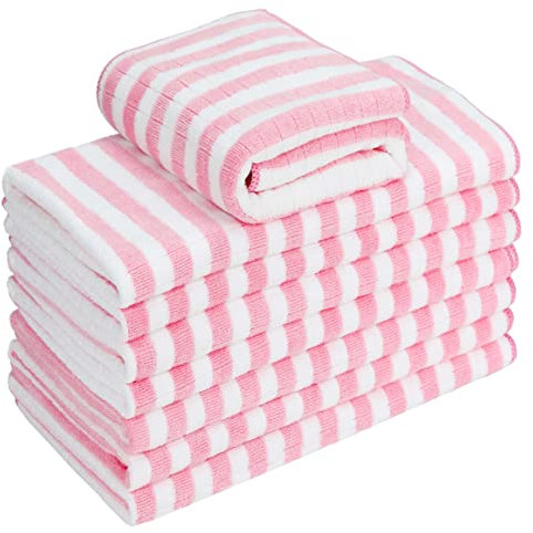 gryeer Paquete de 8 paños de cocina de microfibra, superabsorbentes, suaves y gruesos (400 g/m², 117 g/pieza), diseño a cuadros con trabillas para colgar, 65 x 45 cm, color rosa