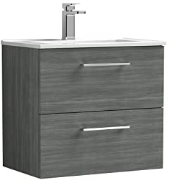 nuie ARN524B Arno Modern Bathroom Wall Hung 2 Drawer Vanity Unit with Minimalist Ceramic Basin, Anthracite
