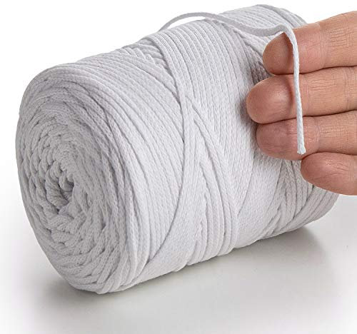 MeriWoolArt® Makramee Garn Weiß 2 mm x 250 m Baumwollkordel, recyceltes weiches Baumwollgarn für das Stricken von Pflanzenhängern, Schmuckherstellung, Häkeltaschen