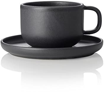 ROCKZZERO 6 Kaffeetassen und Untertassen im Set - Steingut, spülmaschinenfest - Steingut Tassen aus umweltfreundlichen Rohstoffen - Schwarz - 275 ml - Unterteller 14,5 cm Durchmesser