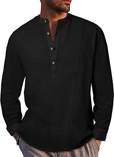 AUDATE Men's Casual Linen Cotton Shirt Summer Long Sleeve Band Collar Henley Shirt Top Black XXL