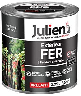 Julien Peinture Fer Anti-Rouille Brillant - Portes, grilles, portails, mobilier de jardin en métal - Noir Brillant 0,25 L