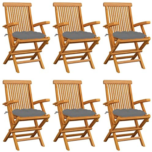 BaraSh Gartenstühle Stapelstuhl Garten mit Grauen Kissen 6 STK. Massivholz Teak Monoblock Stuhl