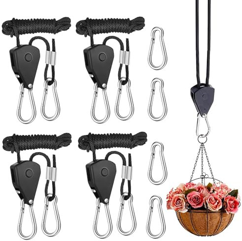 LBING 4 Ganci Regolabili per Cricchetto, Corda a Cricchetto, Corda Regolabile, Gancio a Cricchetto, 2 m, 1/8 Pollici, per Ventilatori e Piante