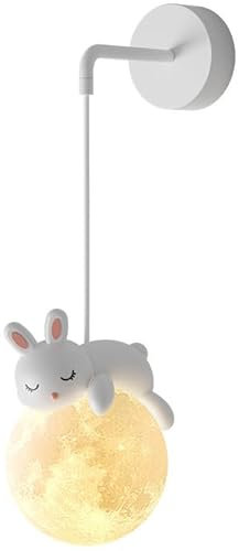 Amoyeric Hardwired Wandleuchter Kinderzimmer 3D-Druck Mondball Schlafzimmer Wandleuchte Niedlich Cartoon Tiere Kaninchen Panda Bär Weiß Nordic Dimmbar Nachttisch Wandleuchte für Jungen Mädchen Zimmer