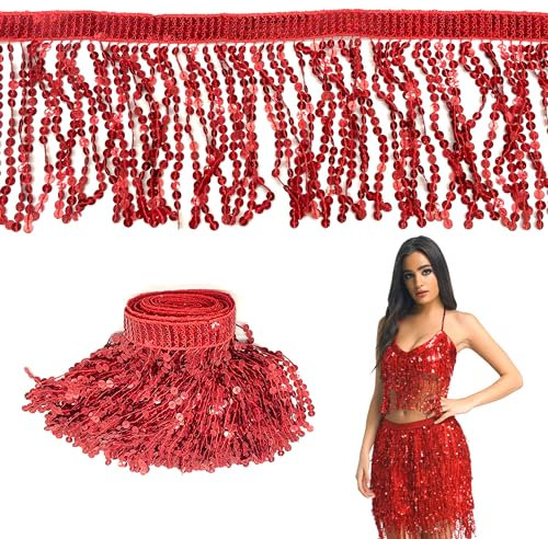 OHYER 3 Meter lang (x 16cm breit) pailletten fransen fransenborte fransen gold Fransen Quaste Dekoborte Fransenrock Fransen Trim Bullion Tanzfransen Rot für Herstellung von Latein-Tanzkleidern Röcken