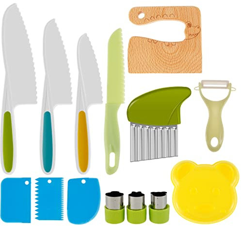 14Pcs Kitchen Safety Knives for Kids, Kids Knife for Chopping ,Toddler Safe Knives Set for Real Cooking with Potato Slicer ,Wooden Cutter Serrated Edge Cutter, Cutting Board,Peeler, Safety Gloves