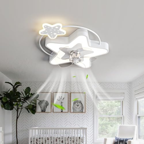 Caufloce Kids Ceiling Fans with Lamps Reversible Dc Dimmable Quiet Ceiling Fans with Lights and Remote Timer 6 Speed Fan Ceiling Light for Kids Room-White Stars