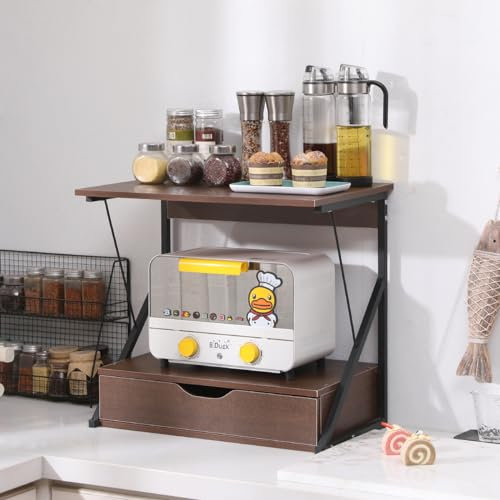 2 Tiers Printer Desktop Stands with Drawer, Fax Shelf for Home Office Printer Fax, Microwave Oven Rack for Kitchen, Countertop Storage Organizer for Spices Pots and Pans, Dark Oak