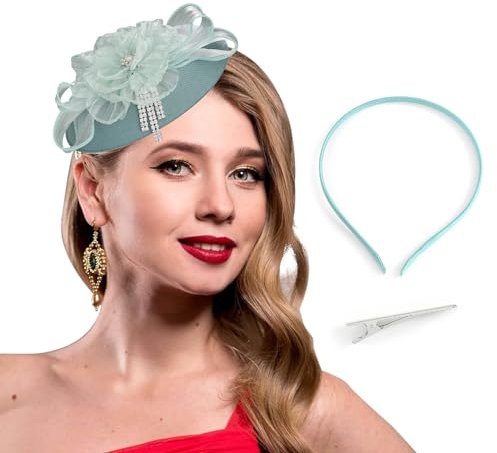 Bohend Fascinator Hut Blume Pillbox Vintage Bogen Derby Hüte Tea Party Hochzeit Strasssteine Haarschmuck für Frauen und Mädchen (Polyester, grün)