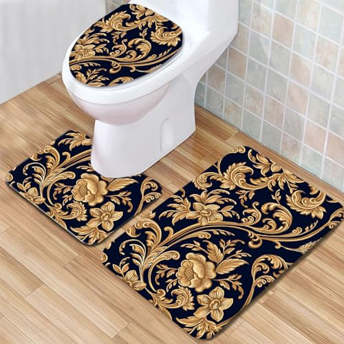 Badematte Goldenes Pflanzenmuster Badezimmerteppich Set 3 Teilig Mikrofaser Badteppiche und WC Vorleger mit Ausschnitt Waschbar rutschfeste Badvorleger Toilette Teppich