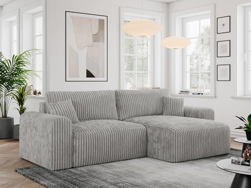 MKS MEBLE Cord Sofa L-Form, Ecksofa mit Schlaffunktion, Wohnlandschaft L-Form mit Kissen, Couch L-Form - Nelson - Hellgrau Cord