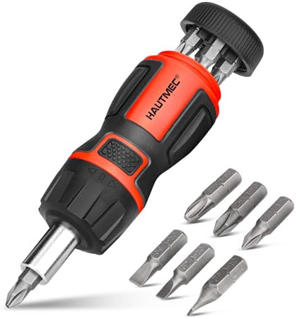 HAUTMEC 6-in-1 Stubby Ratcheting Multi-Bit Screwdriver Set with 3 Position Ratchet, Chrome Vanadium Steel Shaft, 3PCS Phillips and 3 PCS Slotted, HT0385