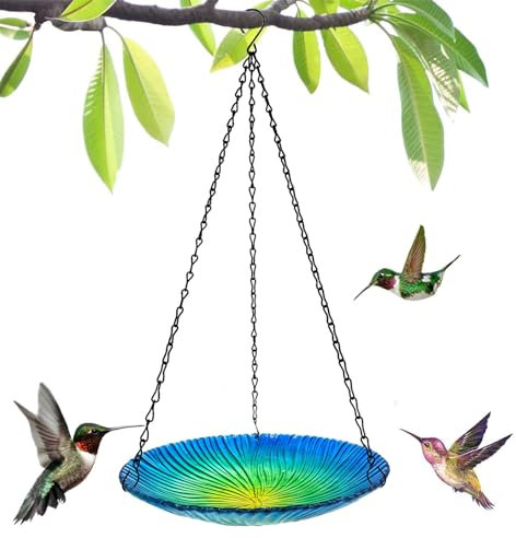 Vogelfutterspender zum Aufhängen Vogeltränke Hängende Vogeltränke, Vogelfutterstation Vogeltränke Wassertränke Winterfest Stehend futterstelle für vögel Outdoor Garten (Blau und Grün gestreift /1 Stk)