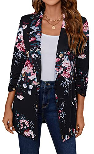 LADI TREND Womens Long Suit Jacket One Button Lapel Blazer Long Sleeve Winter (Floral_Black XXL)