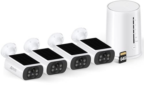 ANRAN 4MP Kit Cámara de Vigilancia WiFi Exterior, Estación Base 4CH Kit Cámaras sin Cables, Batería Recargable, Panel Solar Integrado, Cámara con Tarjeta SD 64GB, Detección Movimiento, Audio de 2 vías