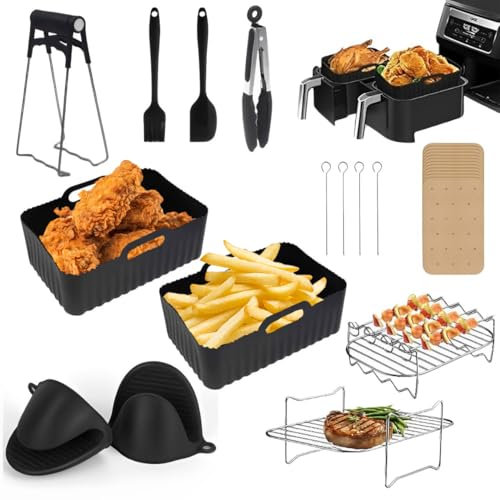 FEU Air Fryer Accessories,10 pcs Ninja Air Fryer Accessories, Air Fryer Rack and AF451 with Racks, Gloves & Silicon Liners, Brush,Tong, Clip, Paper Lining, and Spatula,Ninja Air Fryer Liners