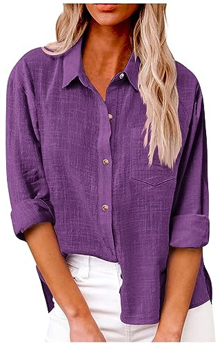 Long Bluse Damen hemdbluse Tunika Sommer Einfarbig Baumwoll Leinen Revers Musselin Tops für Baumwolle Longbluse(Lila, L)