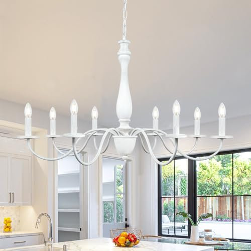 KMaiPem Vintage Weiß Holz Kronleuchter, 8 Lichter Modern Landhaus Eisen Hängelampe Wohnzimmer, Höhenverstellbarer Französisch Bauernhaus Rustikal Pendelleuchte für Schlafzimmer Küche Esstisch Flur
