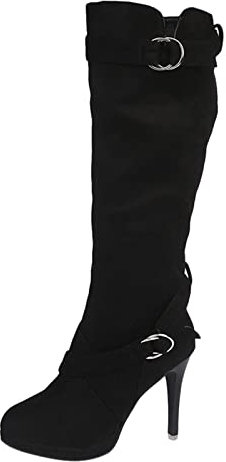 Stivali sopra il ginocchio, da donna, con tacco alto, in pelle scamosciata, da equitazione, da cowboy, colore nero, da cowboy, per autunno, al ginocchio, con fibbie, taglia 37-42, Nero , 37 EU