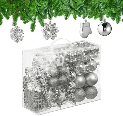 Relaxdays Weihnachtskugeln 100er Set, glitzernd, matt & glänzend, Baumschmuck, Kunststoff, 10 versch. Designs, Silber