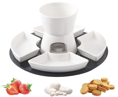 White Ceramic Chocolate Fondue Set, with Stainless-Steel Forks and 4 Half Moon Serving Dishes, 300ml Butter Fondue Set for Cheese Chocolate Butter