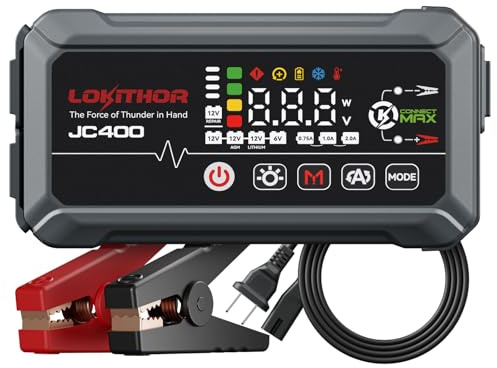 LOKITHOR JC400 Arrancador de Baterías de Coche y Cargador 6V/12V | Cargador con Modo de Mantenimiento y Desulfatación, para Motores de Gasolina 8,5L y Diésel 6,5L