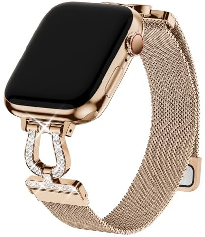 wutwuk Kompatibel mit Apple Watch Armband 42mm(S11/10) 40mm 41mm 38mm Damen, Milanaise Edelstahl Magnetarmband mit Strass Hufeisen Schnalle für iWatch SE 3 2 1 Serie 11 10 9 8 7 6 5 4 3 2 1, Roségold