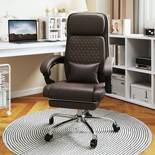 NSMAZXO Bürostuhl,großer Chefsessel mit hoher Rückenlehne aus PU-Leder,Computerstuhl mit Fußstütze, 135° neigbare Rückenlehne für das Home Office,leise Rollen,höhenverstellbar mit Lendenstütze,Braun