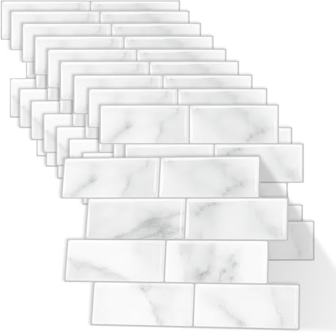 Self Adhesive Wall Tiles, 10 Sheets Tile Stickers Waterproof Oilproof Splashback Tiles 3D Peel PU Wall Sticker for Kitchen Bathroom DIY Home Decor, 29x21CM (White Color)