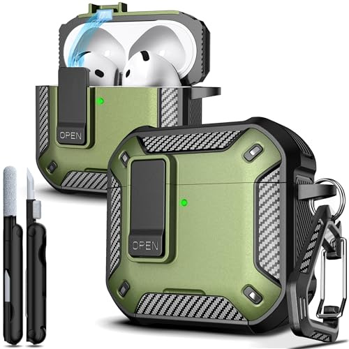 R-fun Hülle für AirPods 4, Elemente aus Karbonfaser, militärische Fallschutz-Abdeckung mit automatischem Aufklappen, Telefonständer/magnetischer Basis mit Karabinerhaken/Reinigungsset,Mil Grn