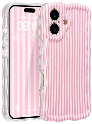 ZCDAYE for iPhone 16 Plus Case Wavy Edge Phone Case Pink Stripes | Cute Pretty Aethetic Pattern Printed Women Girly Cases, Full Camera Protection, Comfy Soft Phone Cover for iPhone 16 Plus