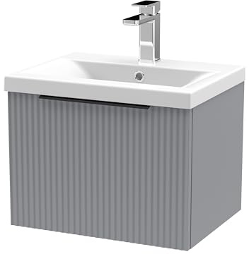 Balterley Vanity Unit with Basin Wall Hung, Single Drawer Soft Close with Mid Edge Sink and Handle, Bathroom Vanity Units with Basin, Fluted Front Sink Cabinet - 510 x 390 x 399mm (Grey)