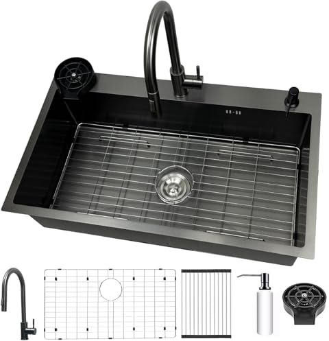 Fregadero de cocina de 80 x 50 cm, Acero Inoxidable negro, Gran fregadero rectangular,con grifería, escurreplatos,incluye dispensador de jabón y sifón,con 3 agujeros para grifo