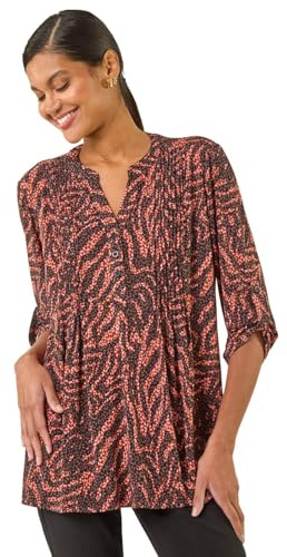 Roman Originals Pintuck Shirt for Women Ladies Jersey Blouse Collarless Top Flare Crinkle Notch Neck Tunic 3/4 Length Sleeve Longline Smart Casual Party Going Out - Rust Animal - Size 18