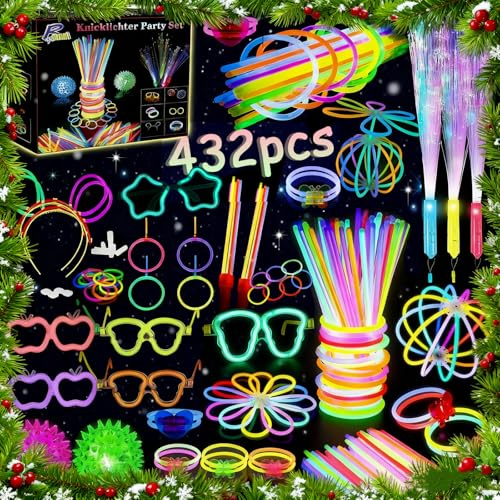 zycBernoi 432 Stück Knicklichter Party Set, LED Leuchtstab Glasfzaser mit 200 Verbinder, Igelball, Brille, Armreif, Leuchtstäbe, Leuchtspielzeug für Kinder Erwachsene Party Deko