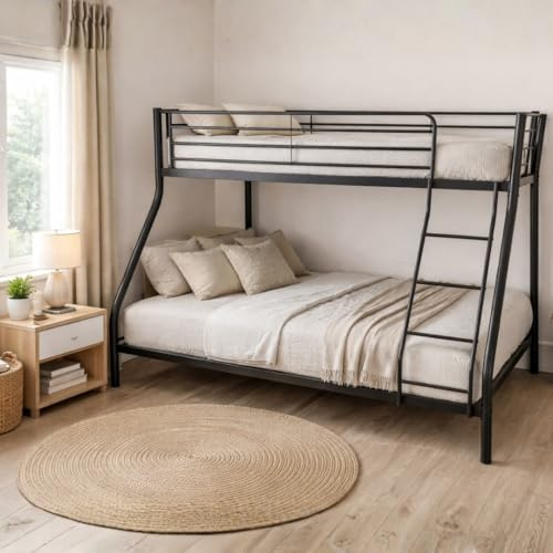 RF BEDS Reinforced Holt Triple Bunk Bed in Black – Heavy Duty Metal Frame, Universal Ladder, Safety Rails, Strong Adult & Children Sleeper (Holt Triple Bunk Bed with 2 x Drawers)