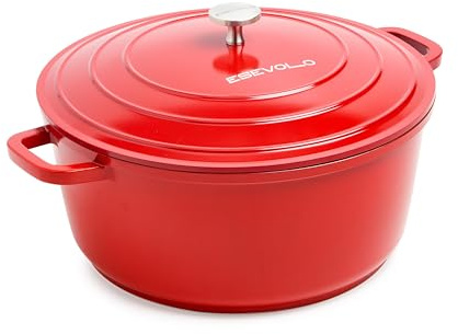 ESEVOLO Cocotte Fonte Induction 28cm Faitout Rond 6,3L en Fonte d’Aluminium | avec Revêtement Céramique Antiadhésif, Marmite avec Couvercle, Idéale pour Soupe, Ragoûts, Pain, Four et Gaz, Rouge