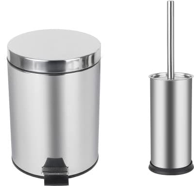 Home Treats Chrome Pedal Bin 5L And Toilet Brush Set. 5 Litre Bin with Toilet Brush Holder. 2 Piece Set Toilet Brush Holder For Bathroom