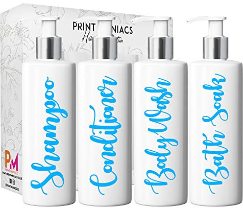 Print Maniacs Mrs Hinch Inspired White Personalised Pump Bottles Bathroom Kitchen Set Shampoo Conditioner (Baby Blue)