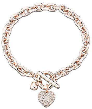 Bracciale da donna a forma di cuore, ciondolo in oro rosa placcato argento con chiusura a moschettone a catena, braccialetto da polso con zirconi cubici (Oro rosa)