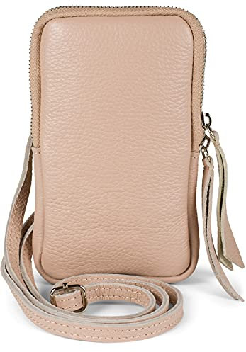 styleBREAKER Damen Leder Handy Umhängetasche mit genarbter Oberfläche, Reißverschluss, Echtleder Mini Bag 02012374, Farbe:Altrose