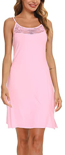 Vlazom Fond de Robe Femmes Modal Chemise de Nuit Sexy Elégant Robe Dentelle Décorée Légers Respirants Mini Robe,S,W-Rose