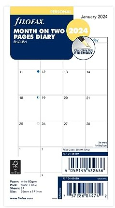 Filofax Persönlicher Monat auf zwei Seiten Englisches Blockformat 2024 Terminplaner